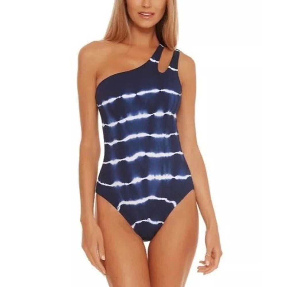 BECCA Iconic Tie-Dyed Textured Rib Asymmetrical One-Piece Swimsuit SIZE 12